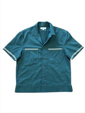 Banana Republic Teal Embroidered Camp Shirt Medium Resort Coastal